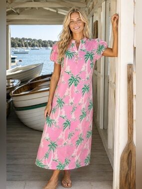 Sail to Sable Floral Rabbit Green Palm Tree Print Pink Midi Dress M NWT